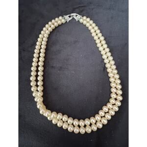 Vintage Double Strand Faux Pearl Necklace 15" Rhinestone Clasp N139